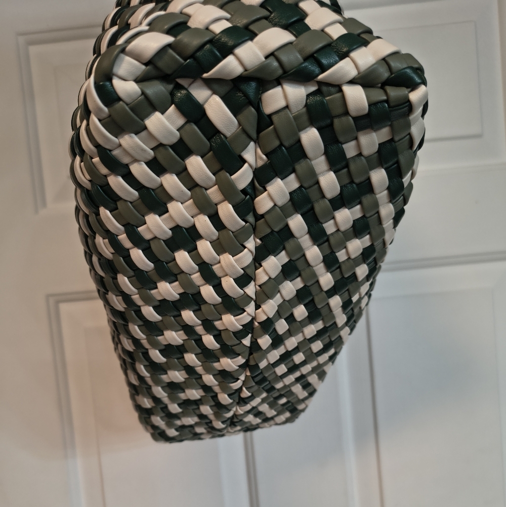 Stylish Vegan Leather Hand Woven Tote Bag Green Cream Handbag Shoulder Purse - Picture 5 of 15